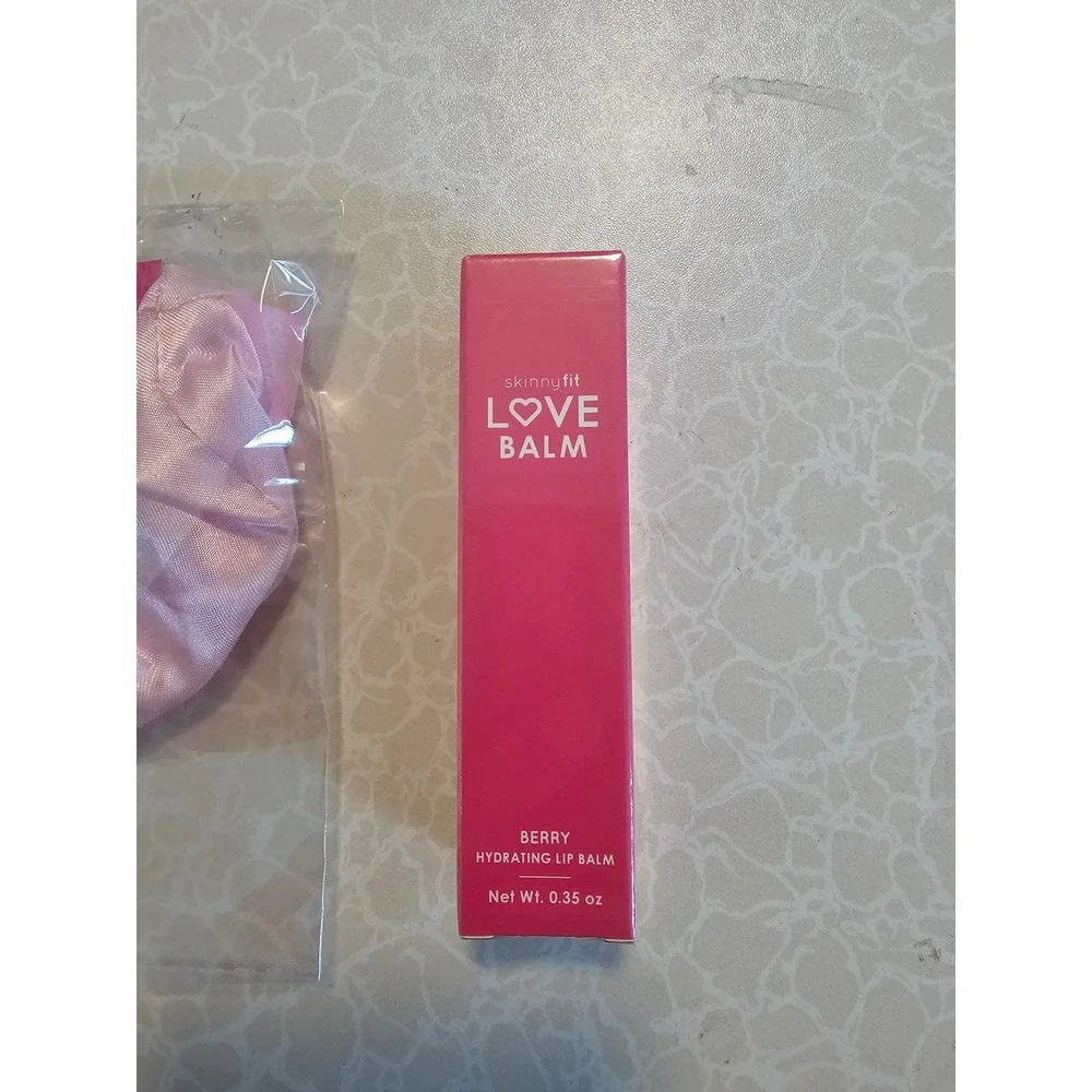 SkinnyFit Love Balm Berry Hydrating Lip Balm 0.35oz and Pink Satin Scrunchie Set